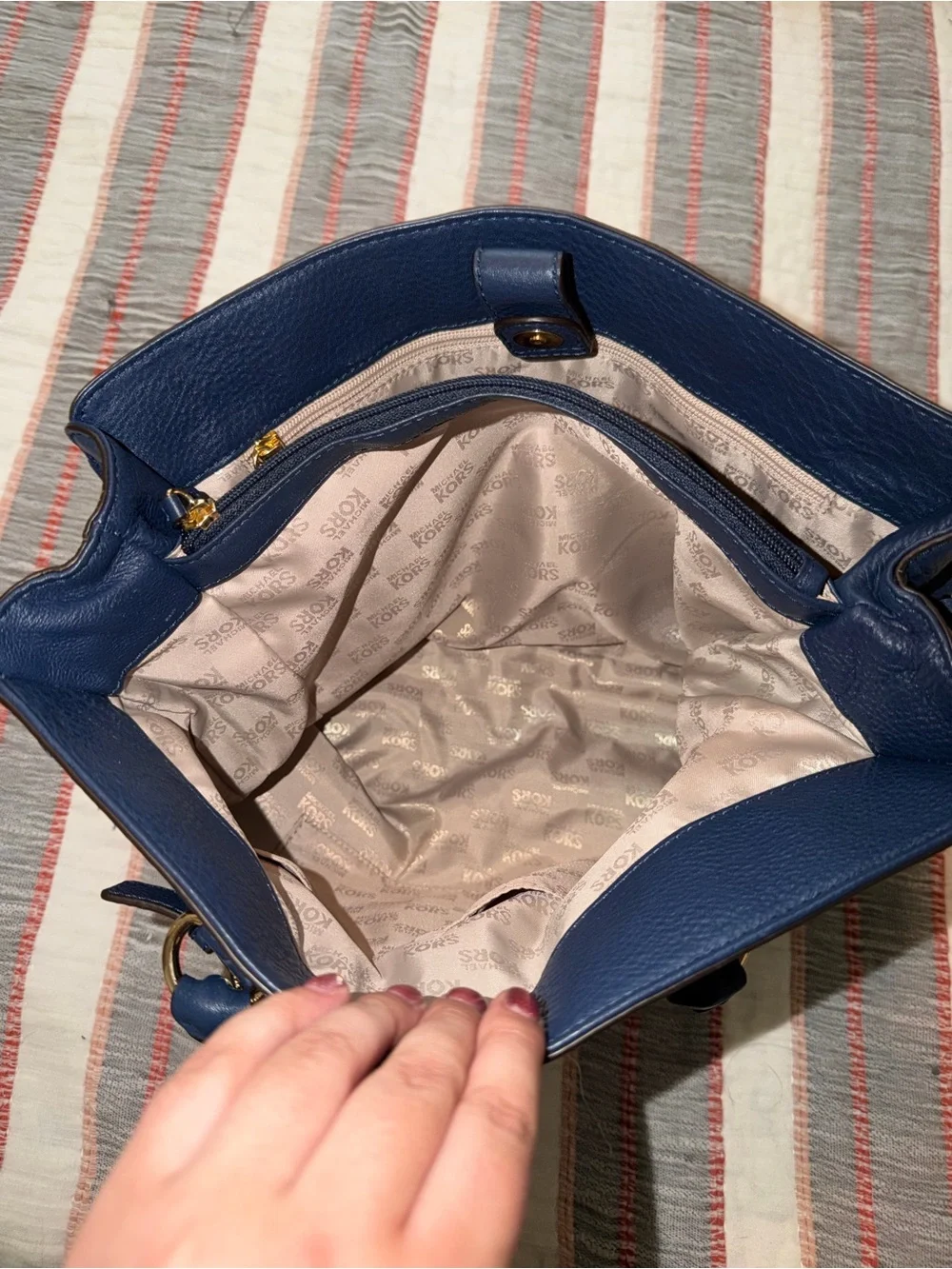 Michael Kors Navy Leather Tote with Gold Chain Trim